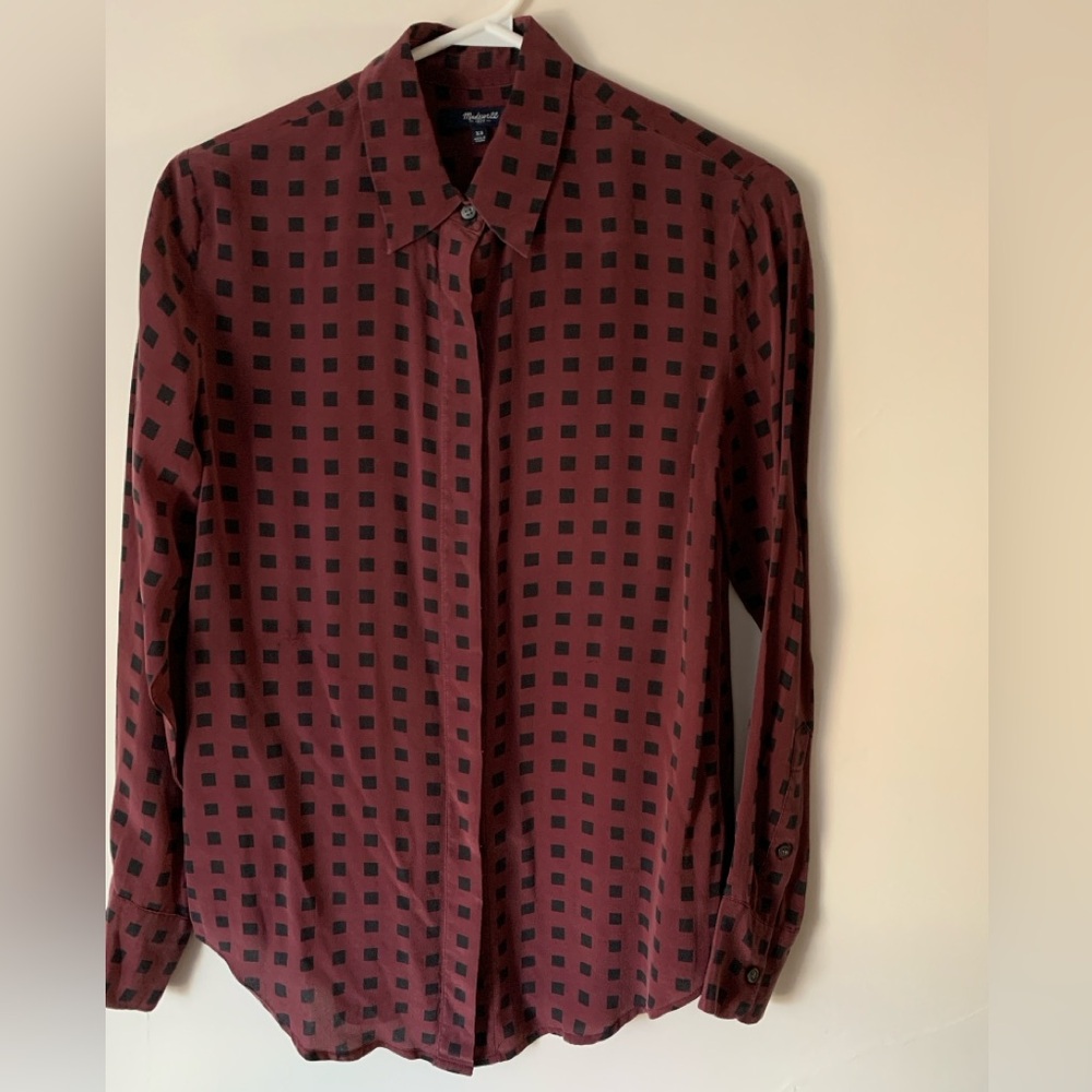 Madewell Burgundy Silk Button Front Blouse XS Long Sleeve